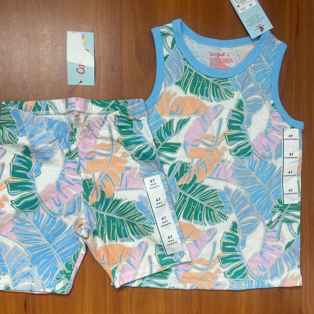 Cat & Jack Girls 4T Tropical Palm Leaf Summer Tank Top & Bike Shorts Set‎ Blue